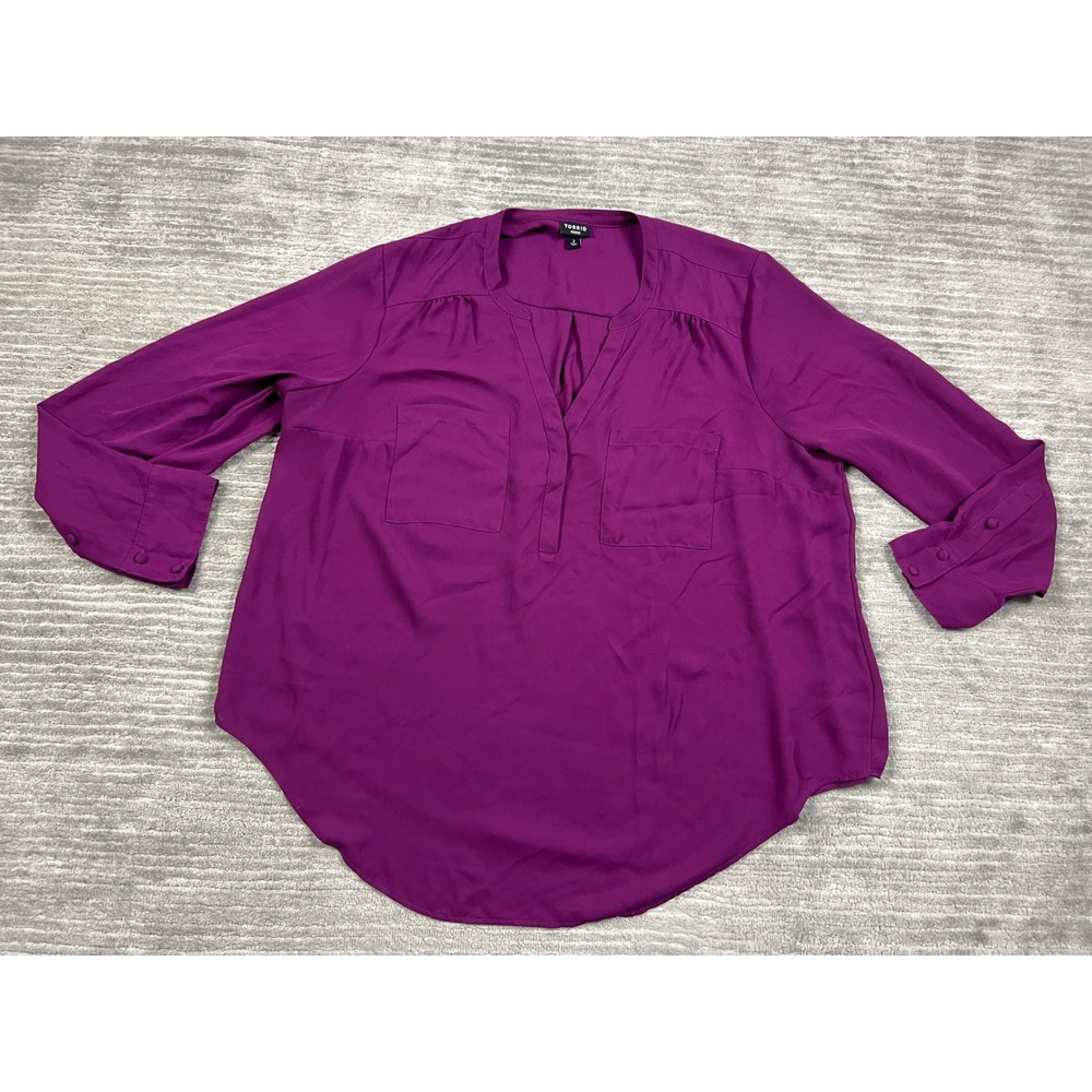 Torrid Blouse Womens 2 Purple Harper Pullover Split Neck Roll Tab Georgette Top